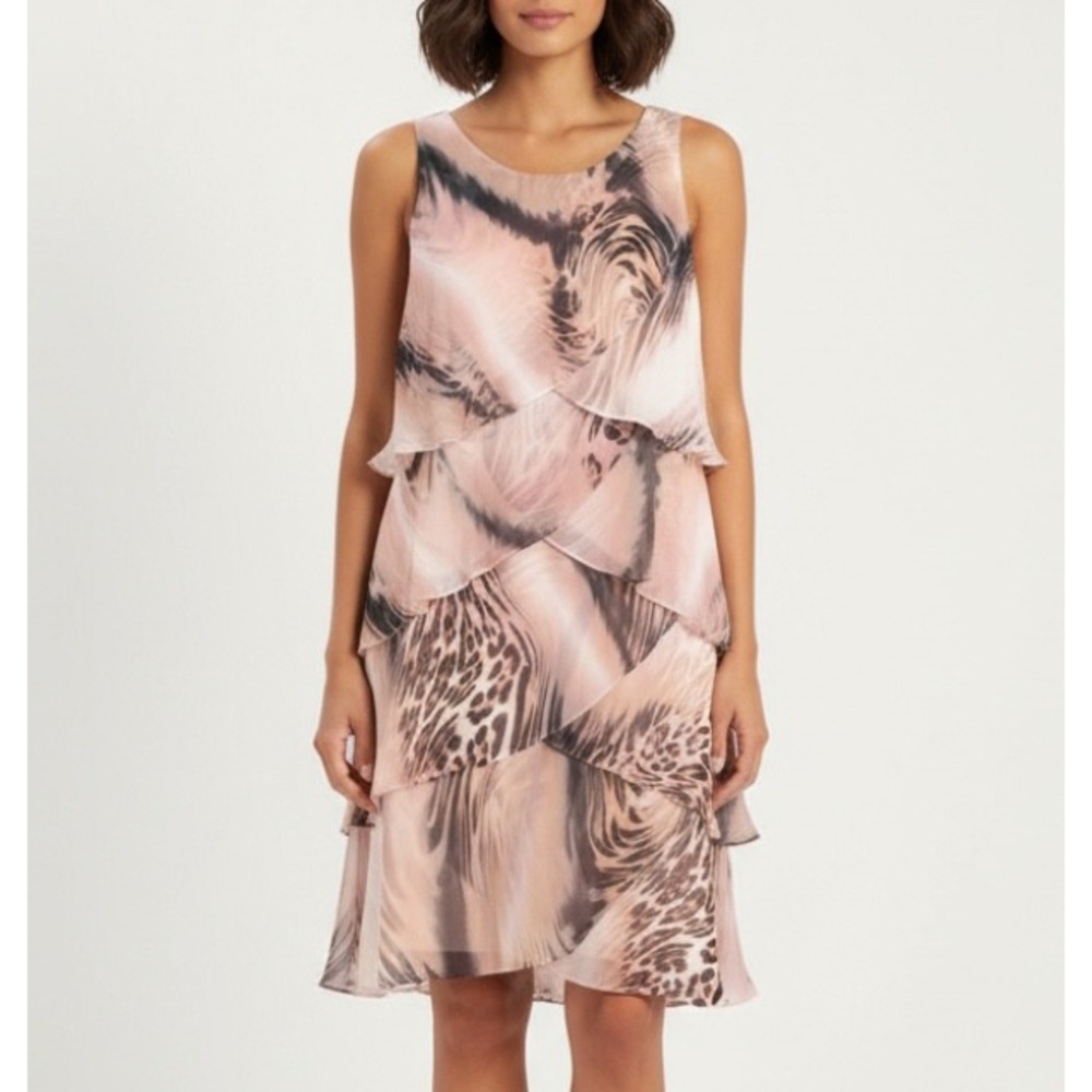 S.L. FASHIONS Lined CHIFFON Layered Ruffles SLEEVELESS Animal Print DRESS Sz 10